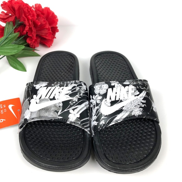 black floral nike slides